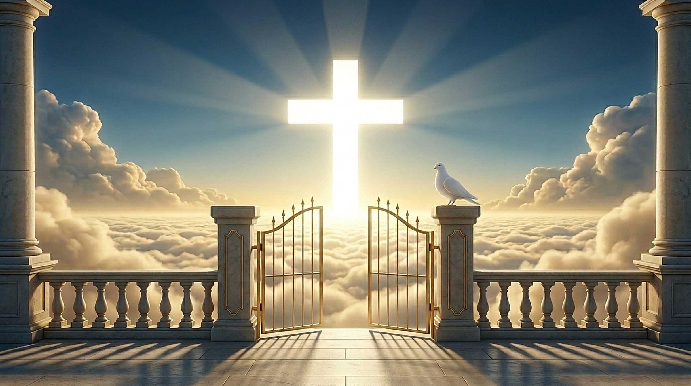 An open golden gate beneath a radiant cross in the clouds, with a white dove resting on the pillar