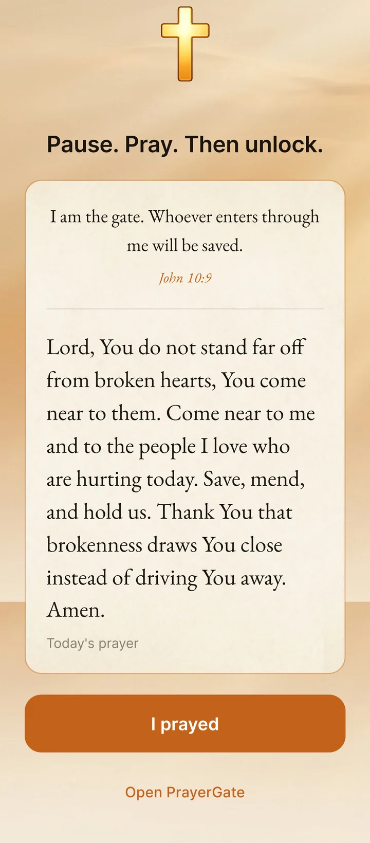The prayer gate: pause, pray, then unlock